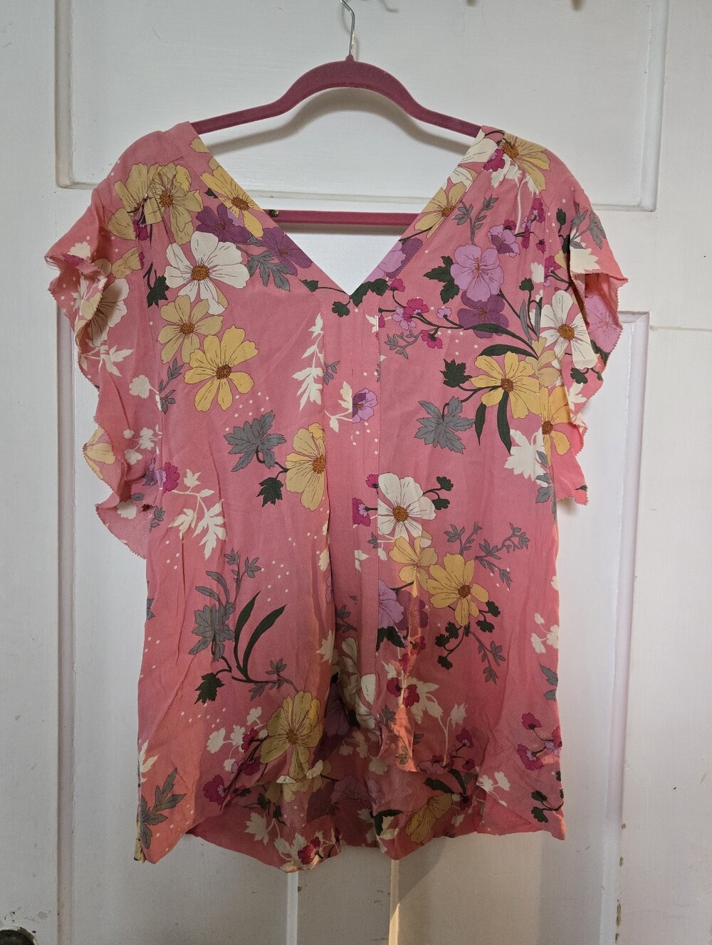 Floral Pink V-Neck Flutter Sleeve Top
